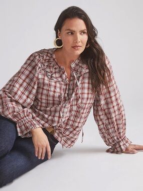 Anthropologie Red and White Plaid Ruffle-Front Blouse
